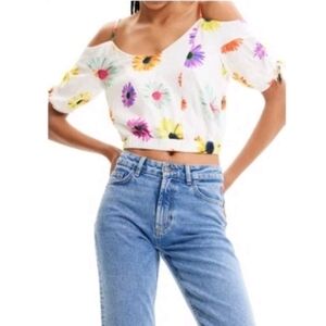 Desigual Womens Short Gathered Floral Boho Chic Colorful Printed Top Blouse M